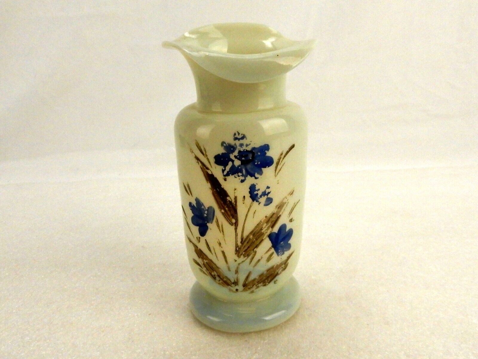 Primary image for Art Deco Glass Vase, Pale Chartreuse, Curled Wavy Lip, Hand Painted Violets
