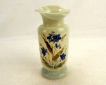Art Deco Glass Vase, Pale Chartreuse, Curled Wavy Lip, Hand Painted Violets - $14.65