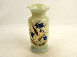 Art Deco Glass Vase, Pale Chartreuse, Curled Wavy Lip, Hand Painted Violets - $14.65