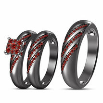 1.2Ct Round Cut Red Garnet His &amp; Her Trio Wedding Ring Set 14k Black Gold Over   - £112.65 GBP