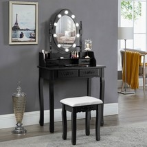 Makeup Vanity Dressing Table Set with Dimmable Bulbs Cushioned Stool-Black - £206.25 GBP