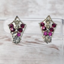 Vintage Clip On Earrings Gold Tone Red, Pink, Clear Gems - One Missing - $10.99