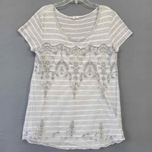 Maurices Shirt Womens Size M Gray Stripe Mesh Embroidered Cottage Short Sleeves - £8.42 GBP