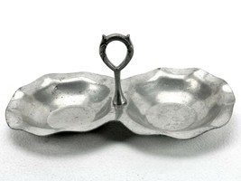 Vintage Pewter Bon Bon Serving Tray With Handle, 2 Compartment, Ruffled Rim - £15.62 GBP