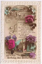 Birthday Postcard Brother Embossed Roses Cricket &amp; Church - £2.36 GBP