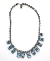 Vintage Necklace Blue Glass Rhinestone &amp; Rectangular Striped Stone Silver Tone - £39.33 GBP