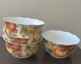 222 Fifth Set of 4 Bowls pumkin Vine Orange Fall Scalloped Thanksgiving New - £47.00 GBP