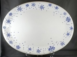Anchor Hocking Snow Flake Platter 15.75in White Stoneware Blue Snowflakes - $43.75