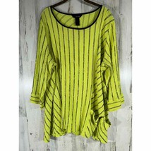 Ali Miles Chartreuse Black Stripe Tunic Crinkle Stretchy Fabric Button Accent 2X - £25.27 GBP