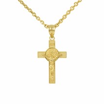 10K Solid Yellow Gold Small Saint St. Benedict Crucifix Cross Pendant Necklace  - £110.54 GBP+