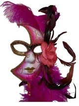 Hot Pink Gold Fancy Feather Flower Stick Masquerade Mardi Gras Mask - £18.18 GBP