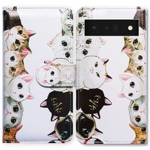 Pixel 6 Pro Case, White Black Cute Cats Leather Flip Phone Case Wallet Cover Wit - £22.44 GBP