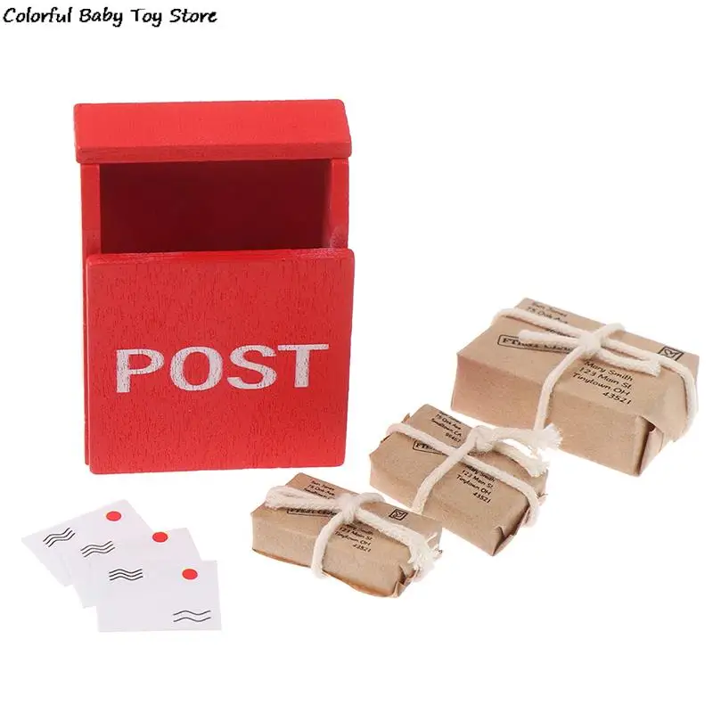 1Set 1:12 Dollhouse Miniature Letter Box Red Mailbox With Mail Sack Postcard - £6.12 GBP