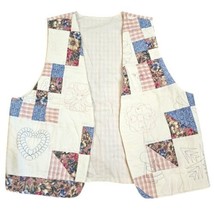 Vintage 90s Womens Large Quilted Patchwork Vest Cottage Core Floral Embroidered - $33.77