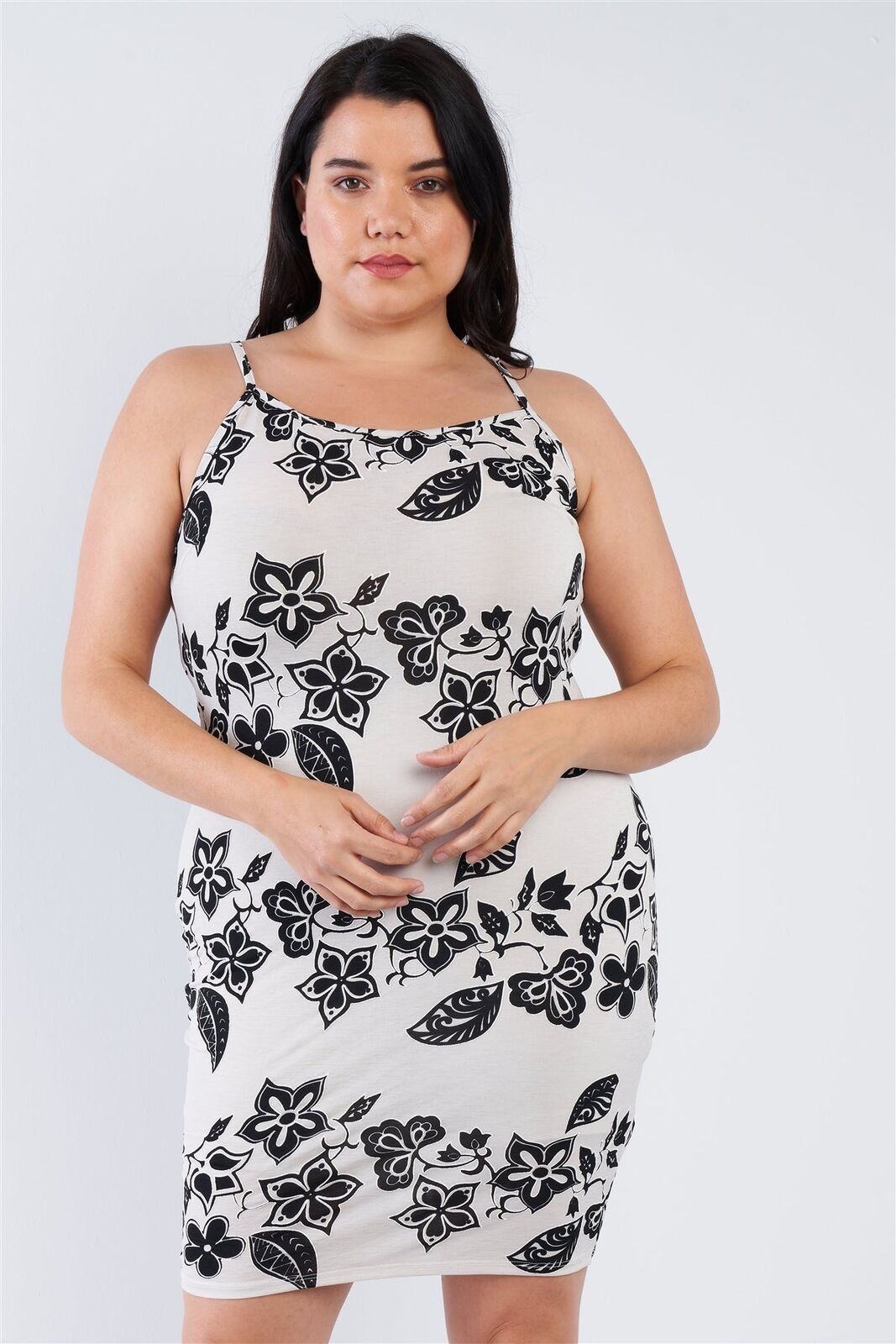 Plus Size Ivory Black Floral Basic Dress - $14.80