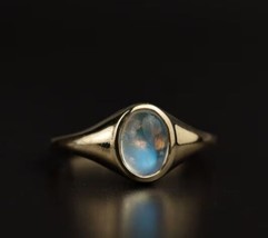 Gold Minimalist Moonstone Ring 925 Silver Signet Ring Unisex Moonstone Ring Gift - £55.45 GBP