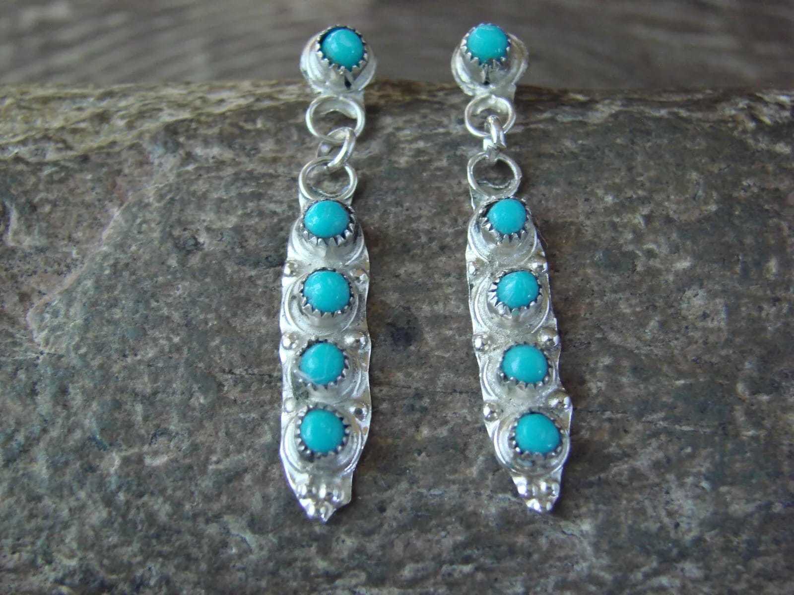 Zuni Indian Sterling Silver Turquoise Dangle Earrings, Handmade earrings, 925 St