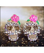 Beautiful Rhinestone Rose Sugar Skull Stud Earrings, Gold Tone, Pink Rose - £5.57 GBP
