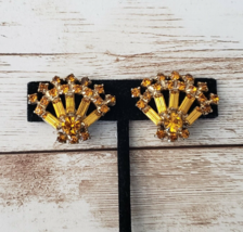Vintage Clip On Earrings - Orange &amp; Amber Tone Gems Fan Shape Statement Earrings - £11.79 GBP