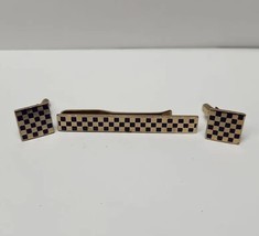 Pioneer Gold Tone Blue &amp; Gold Checkered Cufflinks &amp; Tie Clip Set - £19.32 GBP