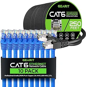 GearIT 10Pack 10ft Cat6 Ethernet Cable &amp; 250ft Cat6 Cable - $197.99
