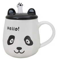 Hello Panda Bear Ceramic Coffee Mug Cup With Spoon And Perky Ears Lid 14oz - £14.15 GBP