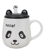 Hello Panda Bear Ceramic Coffee Mug Cup With Spoon And Perky Ears Lid 14oz - $24.59 CAD