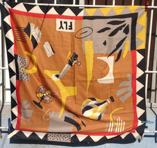 old vintage large silk scarf  plane design, hot air balloon - $26.73