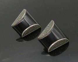 925 Sterling Silver - Vintage Black Onyx &amp; Marcasite Non Pierce Earrings- EG8851 - £72.67 GBP