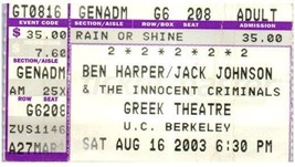 Ben Harper &amp; Jack Johnson Ticket Stub August 16 2003 Berkeley California - £11.58 GBP