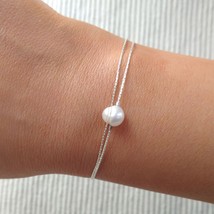 Single pearl sterling silver bracelet,bridesmaid gift bracelet,adjustable pearl  - £26.54 GBP