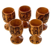 Vintage Wood Pedestal Cups Egg Cup or Tiki Bar Shot Glass Hand Turned Pyrography - £33.74 GBP