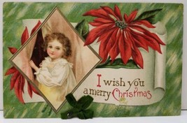 Christmas Sweet Child, Poinsettia Green Ribbon Embossed c1910 Postcard E11 - £4.71 GBP