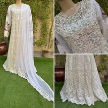 Pakistani White Long Maxi Style Embroidered Sequins Chiffon Dress,L - £121.78 GBP