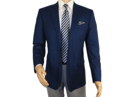 Men&#39;s Soft Wool Sport Coat English Plaid Window Pane 556-4 Navy Blue Renoir - £110.60 GBP