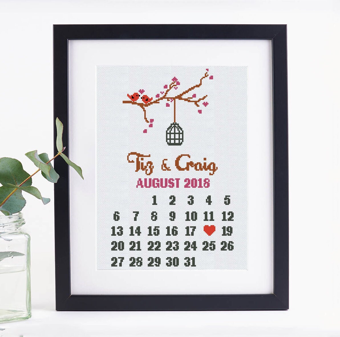 Wedding cross stitch calendar pattern - love birds cross stitch custom w... - $3.29