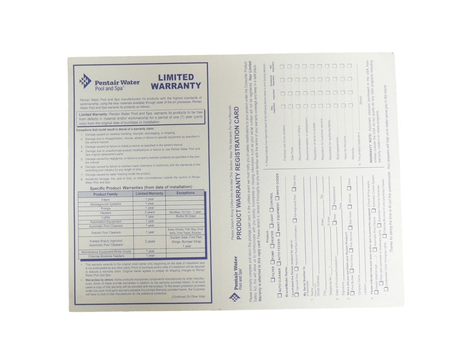 Pentair Water Pool and Spa Product Warranty Registration Card English - $9.95