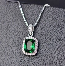 2Ct Emerald Cut Simulated Emerald Beautiful Halo Pendent 14k White Gold Plated - £111.46 GBP