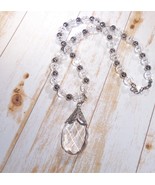 Upcycled New Necklace Bead Clear &amp; Metal w/Large Covered Teardrop Pendan... - $10.00