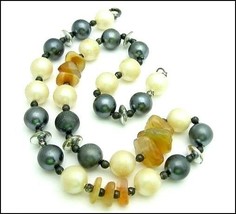 Gray And Faux Pearl Vintage Necklace Beads &amp; Polished Brown Stones Plastic - £10.44 GBP