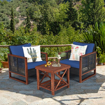3Pcs Rattan Wicker Patio Conversation Set Outdoor Furniture Set W/ Navy Cushion - £361.97 GBP
