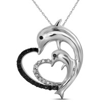 10kt White Gold Womens Round Black Color Enhanced Diamond Dolphin Heart Pendant - £111.45 GBP
