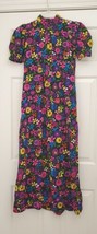 VTG 70s Maxi Dress Womens Short Sleeves Black Colorful Vibrant Floral Zipper - £38.15 GBP