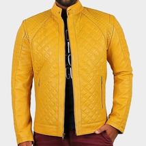 New Men&#39;s Yellow Leather Original Lambskin Biker Quilted Style Biker Jacket - £124.96 GBP