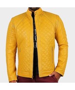New Men&#39;s Yellow Leather Original Lambskin Biker Quilted Style Biker Jacket - $159.99