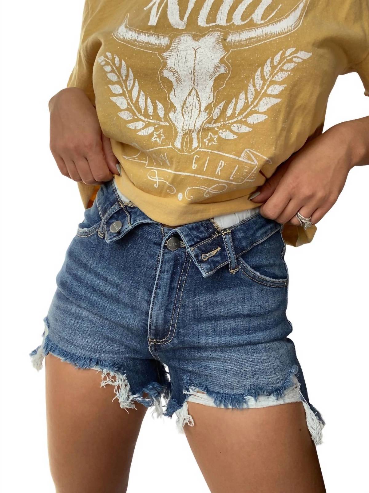Risen fold over short shorts in MEDIUM WASH