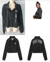 Victoria&#39;s Secret PINK Varsity Quarter Snap Pullover Crop Top Marled Dar... - £19.54 GBP