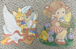 Lot of 2 Vintage Flocked Easter Decorations Bunny Chick Eggs Velvet Die Cuts - £15.50 GBP