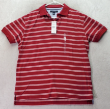 Tommy Hilfiger Polo Shirt Mens Large Red Striped Short Sleeve Logo High Low Slit - £18.00 GBP