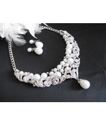 Statement Wedding Necklace in Silver tone and White Pearl Great Bridal W... - £19.69 GBP
